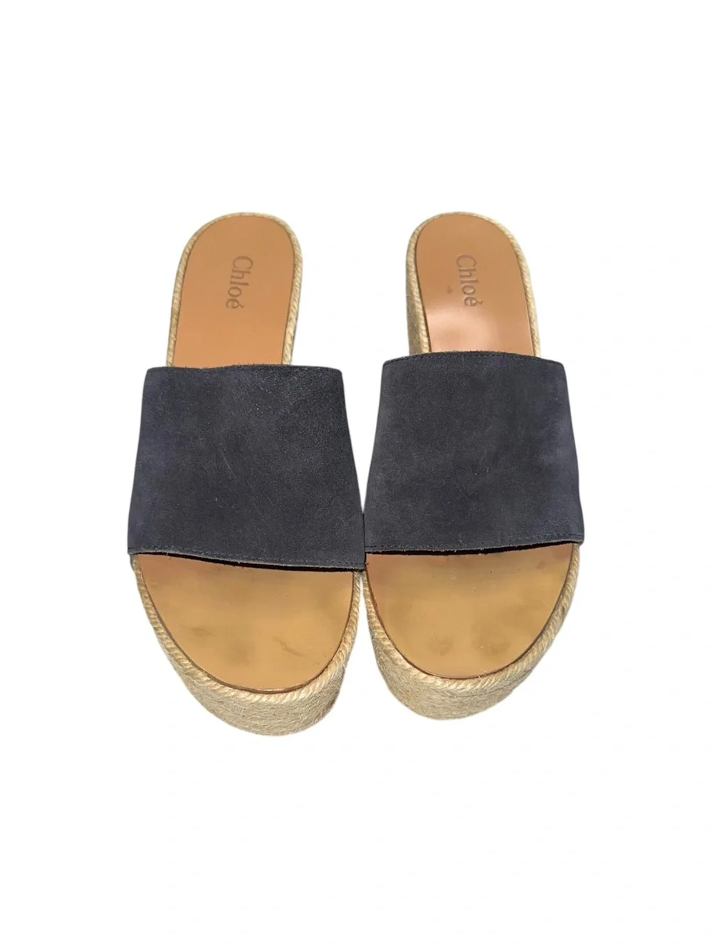 Chloe Estel Navy Suede Fringe Espadrille Wedge Sandals 37